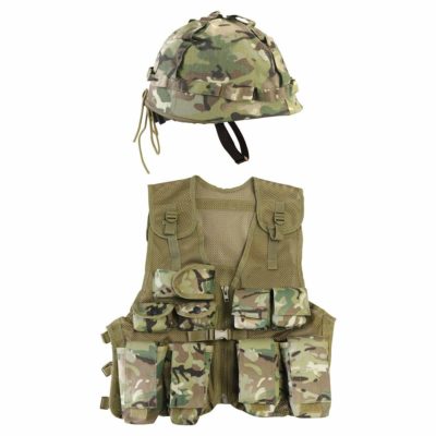 This is an image of a camouflage vest and helmet by KAS. 