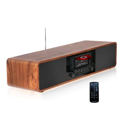 This is an image of a portable wooden speaker with remote control. 