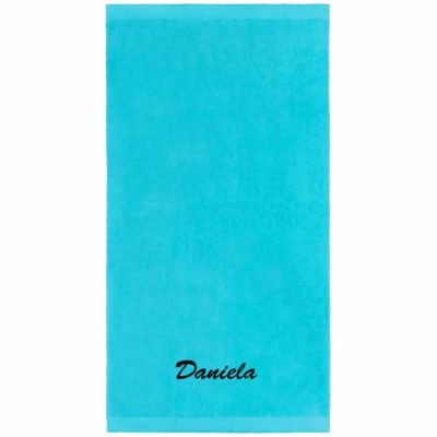 This is an image of a torquoise personalized towel for kids. 