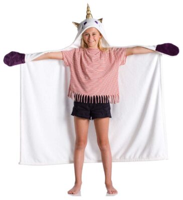 this is an image of a white unicorn wearable hooded blanket for kids. 