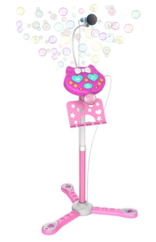this is an image of a pink karaoke machine with microphone and stand for little girls.
