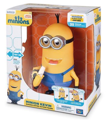 this is an image of a Minion Kevin, eating banana action figure for kids. 