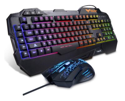 This is an image of a gaming mouse and keyboard with rainbow back lit..