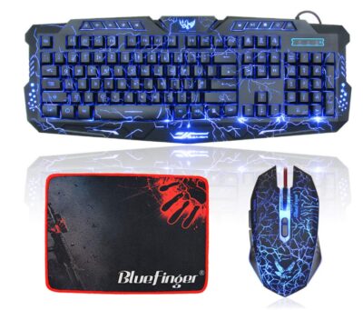 This is an image of a gaming keyboard and mouse set with blue crack backlit. 