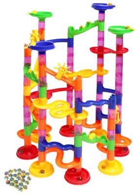 this is an image of a marble run set with 30 pieces glass marbles. 