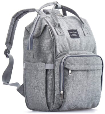 this is an image of a gray waterproof multi-function diaper bag backpack for parents. 