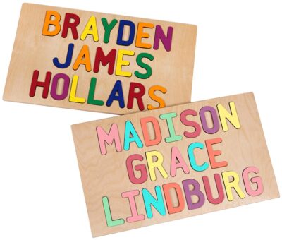 This is an image of kid's personalized wooden puzzle with Three names