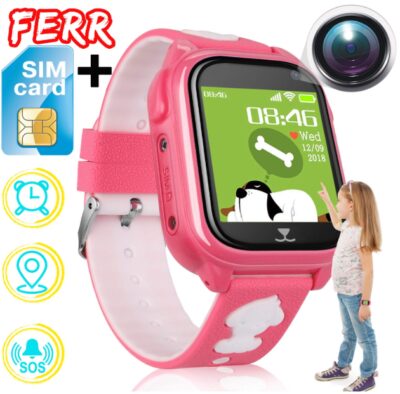 this is an image of a pink waterproof kid's phone smart watch with IP68, GPS and fitness tracker, anti-lost, games, camera, SOS and pedometer feature that it comes with free sim card.