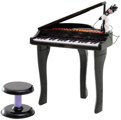 This is an image of Black grand digital pino with microphone and seat 