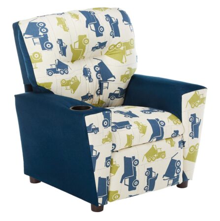 This is an image of a navy suede in toy truck design recliner with cup holder for kids. 