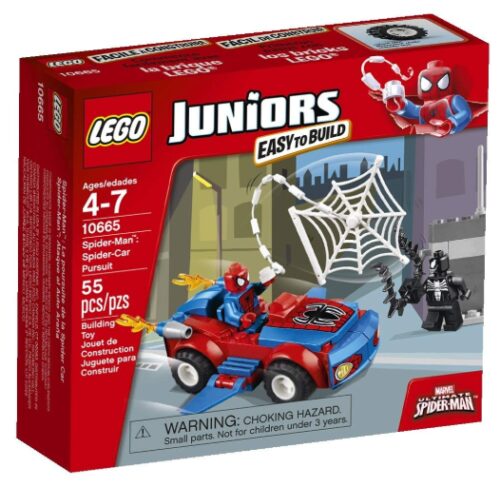this is an image of a LEGO Juniors Spider-Car Pursuit building set for kids. 