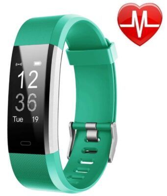 this is an image of a waterproof fitness tracker with heart rate monitor, calorie counter and pedometer designed for kids, men and women. 