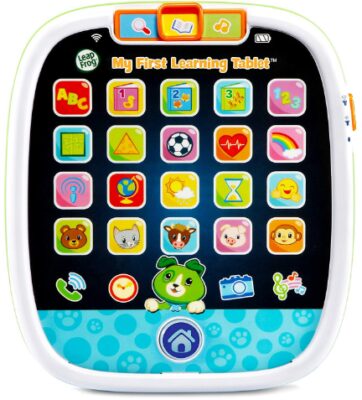 This is an image of toddler's learning tablet by Leapfrog in white and blue colors