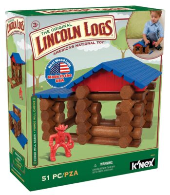 this is an image of a 51-piece Forge Mill Cabin building set for kids ages 3 and up. 