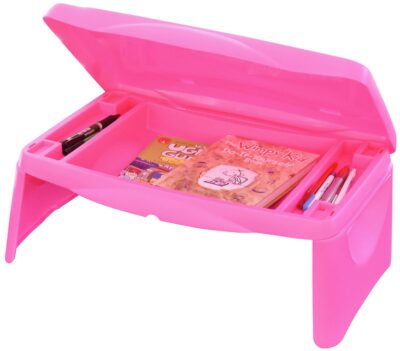 This is an image of kid's lap folding desk with storage. Pink Color