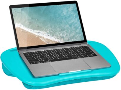 This is an image kid's lap desk with device ledge. Turquoise Color.