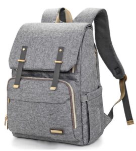 this is an image of a large gray baby and travel backpack with changing pad. 