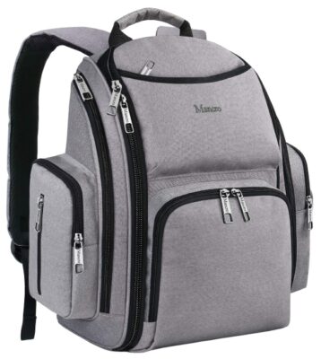 his is an image of a gray large waterproof diaper bag backpack with multi-function pockets. 