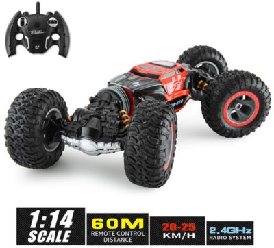 This is an image of transforming truck with remote control car in red and black colors