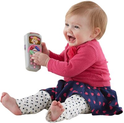 This is an image of remote toy phone in gray color designed for babies