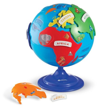 This is an image of a globe and geography puzzle for kids. 