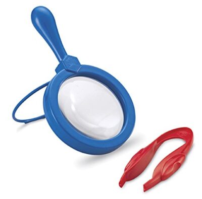 this is an image of a yellow magnifier and green tweezers for kids ages 3 and up.