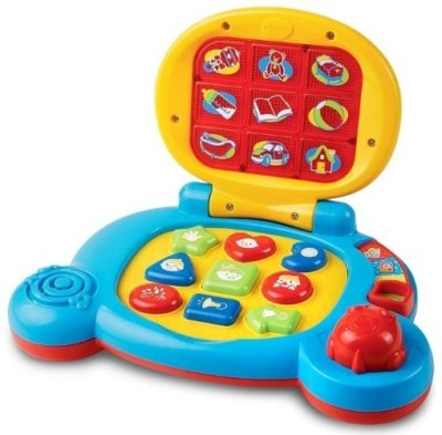 This is an image of baby toy learning laptop in blue and yellow colors