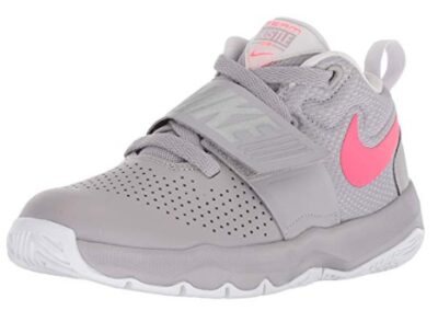 This is an image of a grey and pink color combination basketball shoes by Nike designed for kids. 