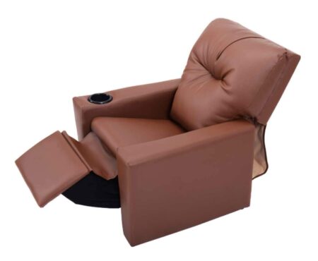 This is an image of a brown leather sofa chair designed for kids. 