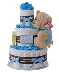 this is an image of a diaper cake in darling boy theme with teddy bear for baby boys. 
