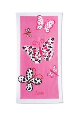 This is an image of a pink personalized towel with butterfly prints. 