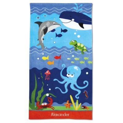 This is an image of a personalized under the sea towel for kids. 