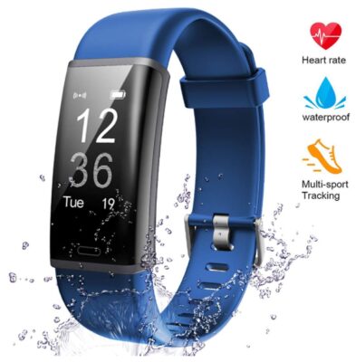 this is an image of a waterproof fitness tracker wearable device with heart rate and sleep monitor, calorie and step counter for kids, men and women. 