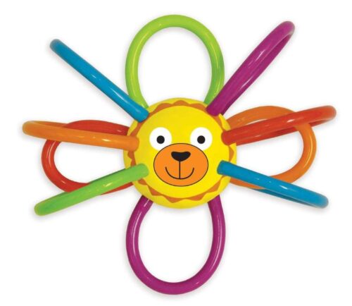 this is an image of a Lion rattle & sensory teether toy for kids. 