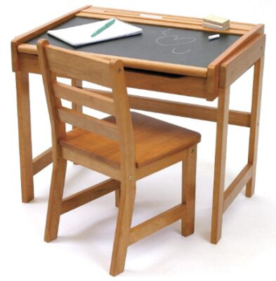 this is an image of a chalkboard desk and chair designed for kids. 