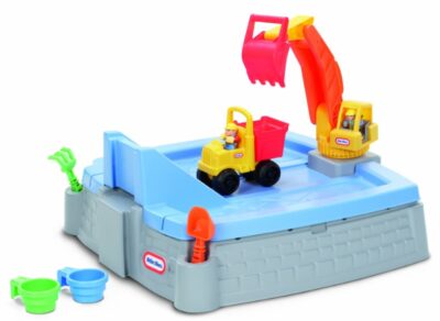 this is an image of a kids's big digger sandbox with dump truck and other accessories.