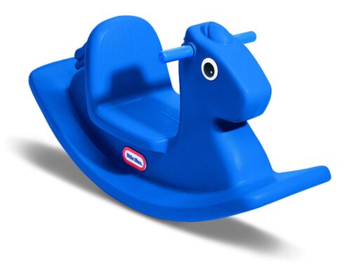 this is an image of a blue rocking horse for kids ages 12 months to 3 years.