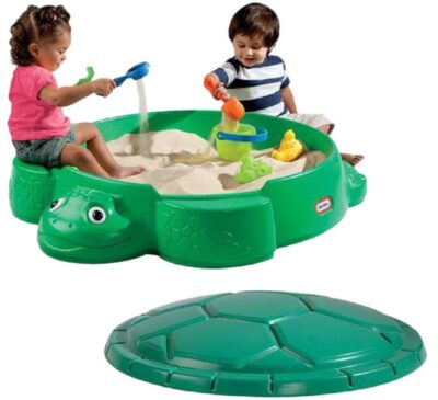 this is an image of a Round turtle sandbox with colorful lid for kids. 