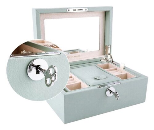 this is an image of a lockable wooden jewelry organizer.