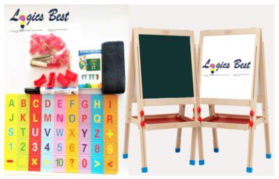 this is an image of a white board and big chalk board with free accessories designed for kids. 