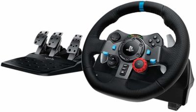This is an image of a black racing wheel and pedals for racing by Logitech. 