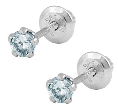 This is an image of a sterling silver earrings with aquamarine stone designed for babies. 