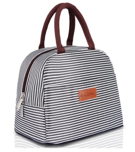 this is an image of a black white stripe lunch bag for young ladies.