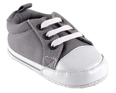 this is an image of a grey canvas sneaker for infants. 