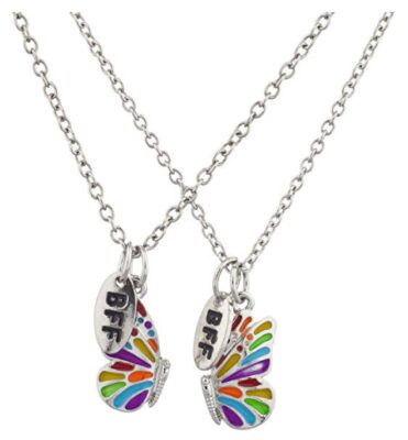 This is an image of a colorful butterfly pendant BFF necklace for kids. 