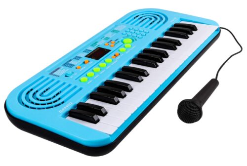 this is an image of a blue portable electronic piano for 3 to 8 years old kids. 