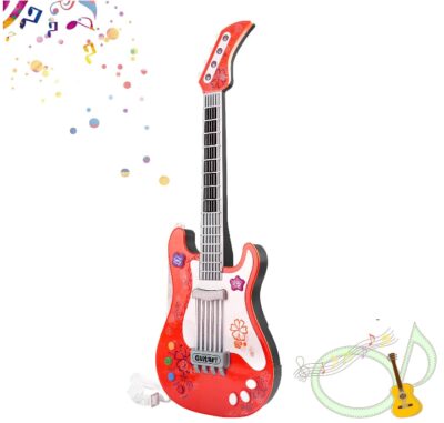This is an image of kid's electric guitar toy in red and white colors