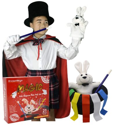 This is an image of Magician play set have Magic Cape Top Hat Rabbit Magic Wand Gloves and Coloring Ribbons for kids 