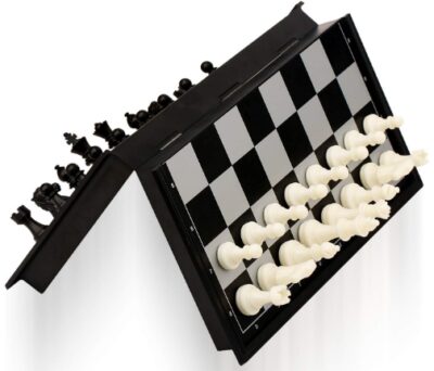 This is an image of kid's magnetic travel chess set in black and white colors