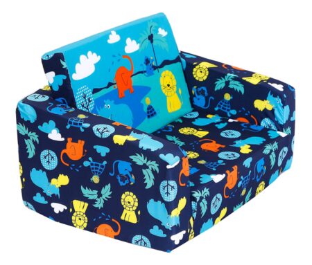This is an image of a blue jungle themed upholstered couch for little kids. 